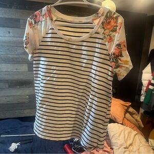 SHEIN Black and White Striped Floral Sleeve Top
